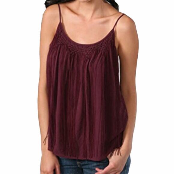 Joie Maroon Fringe Silk Blouse Chiffon Smocked Top - Picture 4 of 9